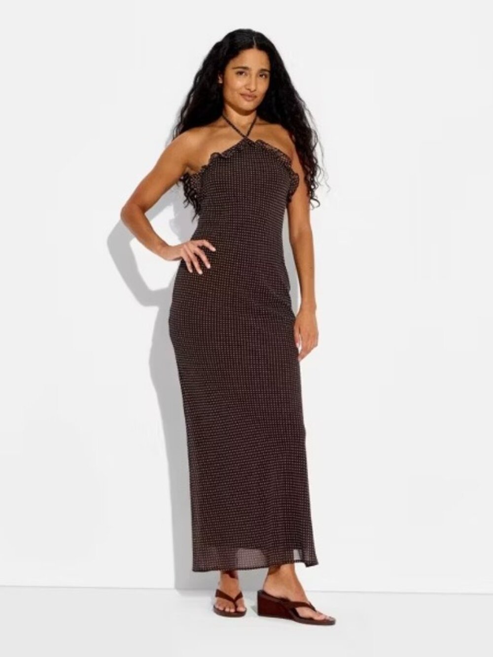 Ruffle Halter Maxi Dress Dark Brown Polka Dot Empire Waist Wild Fable XS-4X NWT